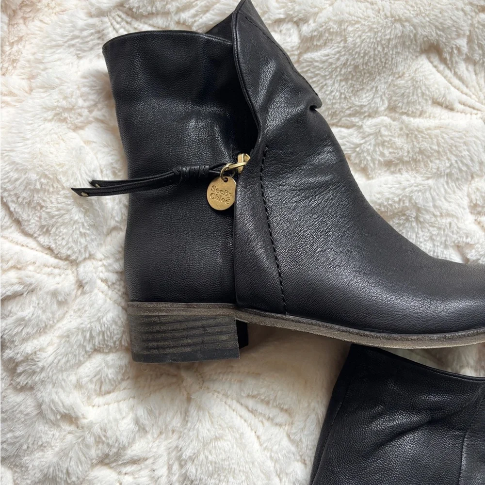 See By Chloe Black Leather Moto Ankle Boots